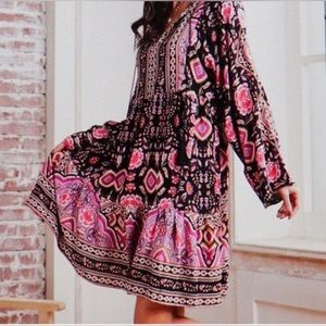 Suzanne Betro Boho Dolman Ballon Sleeve Border Print Notch Neck Dress Size 2X
